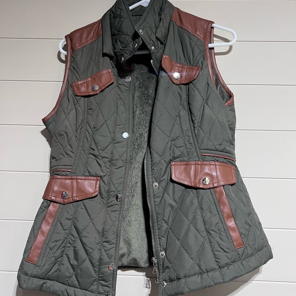 Olive Green Quilted Vest with Brown Accents